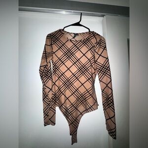 Windsor Sheer Tan and Black Plaid Long Sleeve Bodysuit